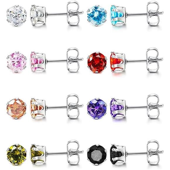 6 Pair Multi Colored Stainless Steel Earrings Set Hypoallergenic Cubic Zirconi - Picture 1 of 7